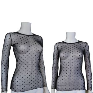 Black Mesh Blouse, Tight Sheer Bodycon Shirt with Polka Dots